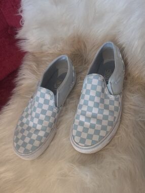 Vans Slip-On Checkerboard Shoes - Light Blue/White Womens 8.5